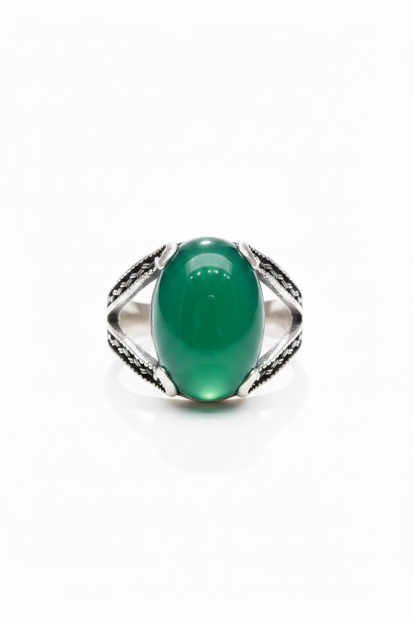 Men's Green Agate Sterling Silver Ring – Braided Split Shank Band
