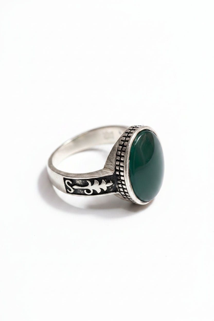 Men's Green Agate Sterling Silver Ring – Vintage Floral Shank Band