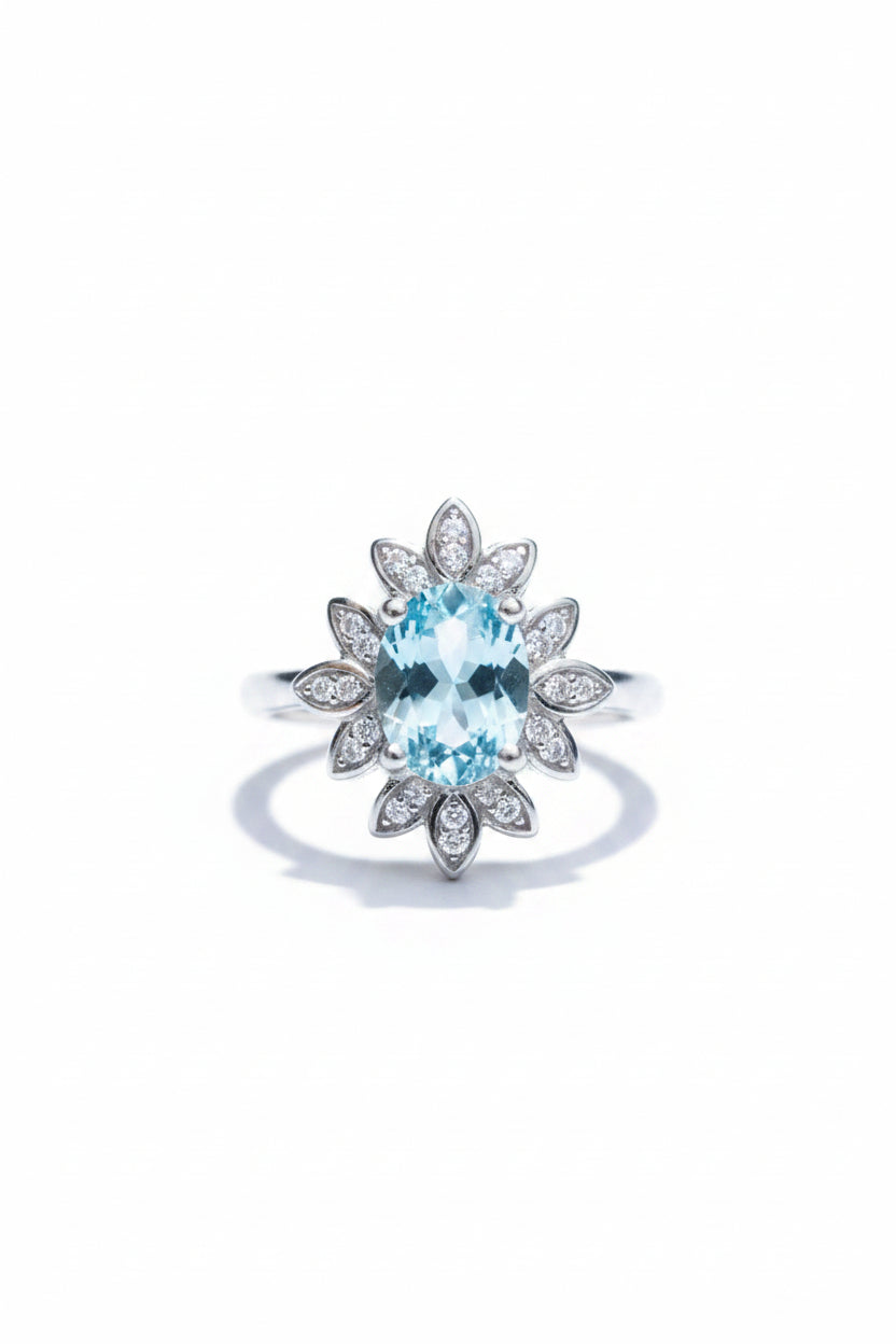 White Topaz Sterling Silver Floral Ring – Starburst Zircon Halo Band