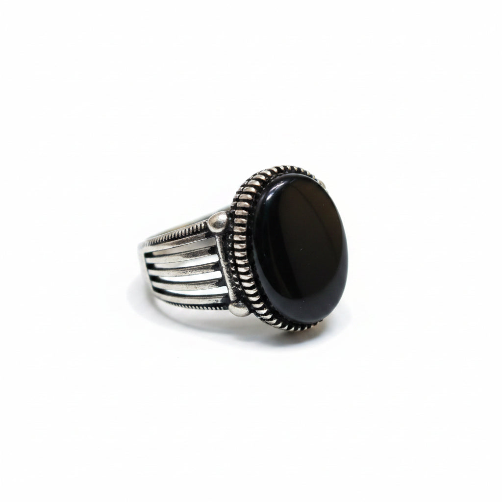 Men's Black Gemstone Sterling Silver Ring – Vintage Rope Bezel Multi-Strand Band