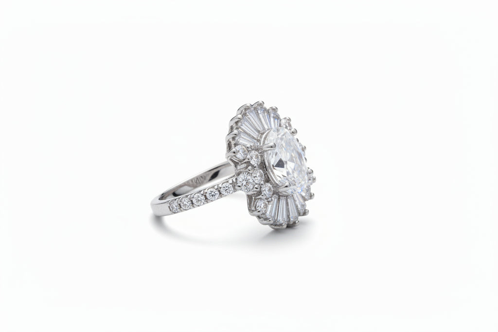 Oval Cut Zircon Sterling Silver Halo Ring – Ballerina Baguette & Pave Band