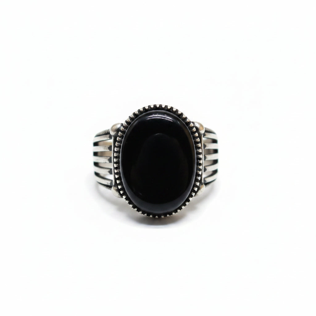 Men's Black Gemstone Sterling Silver Ring – Vintage Rope Bezel Multi-Strand Band