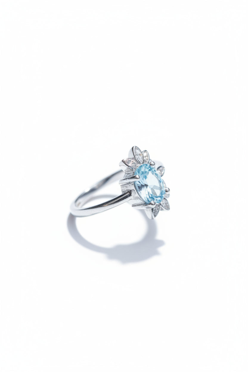 White Topaz Sterling Silver Floral Ring – Starburst Zircon Halo Band