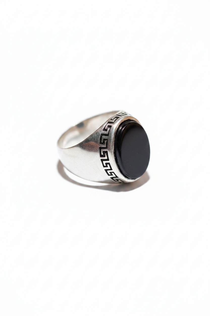Men's Black Onyx Sterling Silver Signet Ring – Vintage Greek Key Band