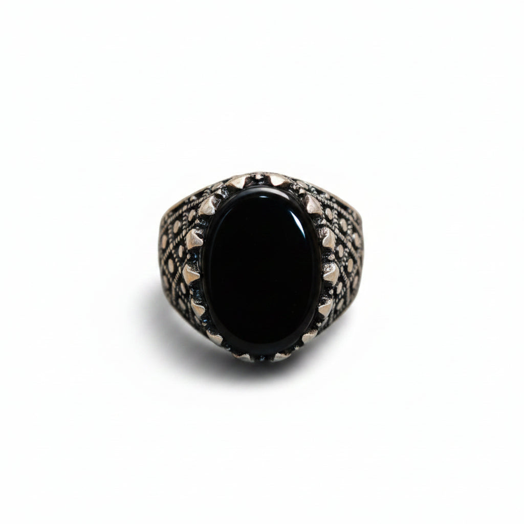 Men's Oval Black Gemstone Sterling Silver Ring – Micro-Stud Grid & Oxidized Band