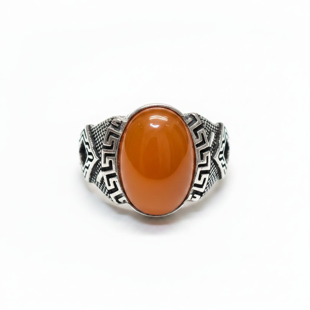 Men's Orange Carnelian Sterling Silver Ring – Greek Key & Diamond Cutout Band