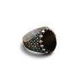 Men's Oval Black Gemstone Sterling Silver Ring – Micro-Stud Grid & Oxidized Band