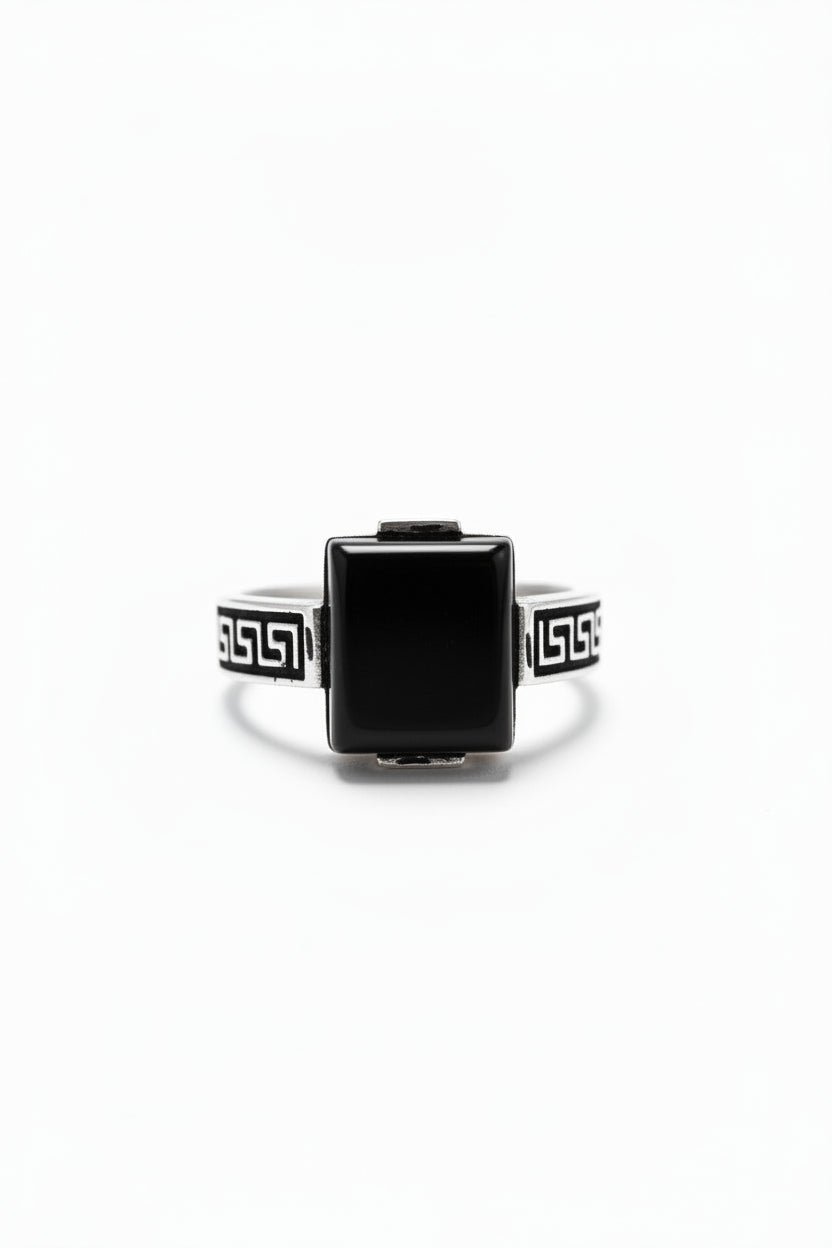 Men's Square Black Onyx Sterling Silver Ring – Greek Key Side Motif