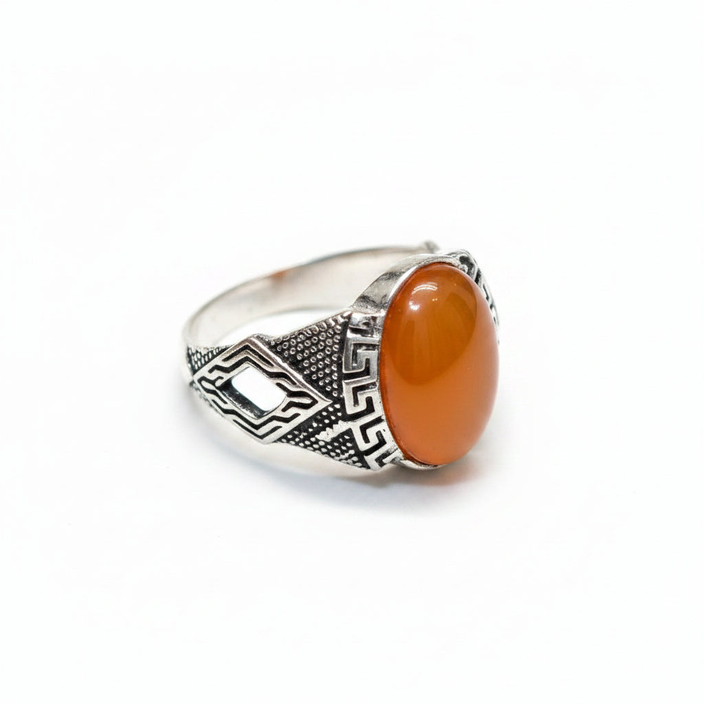 Men's Orange Carnelian Sterling Silver Ring – Greek Key & Diamond Cutout Band