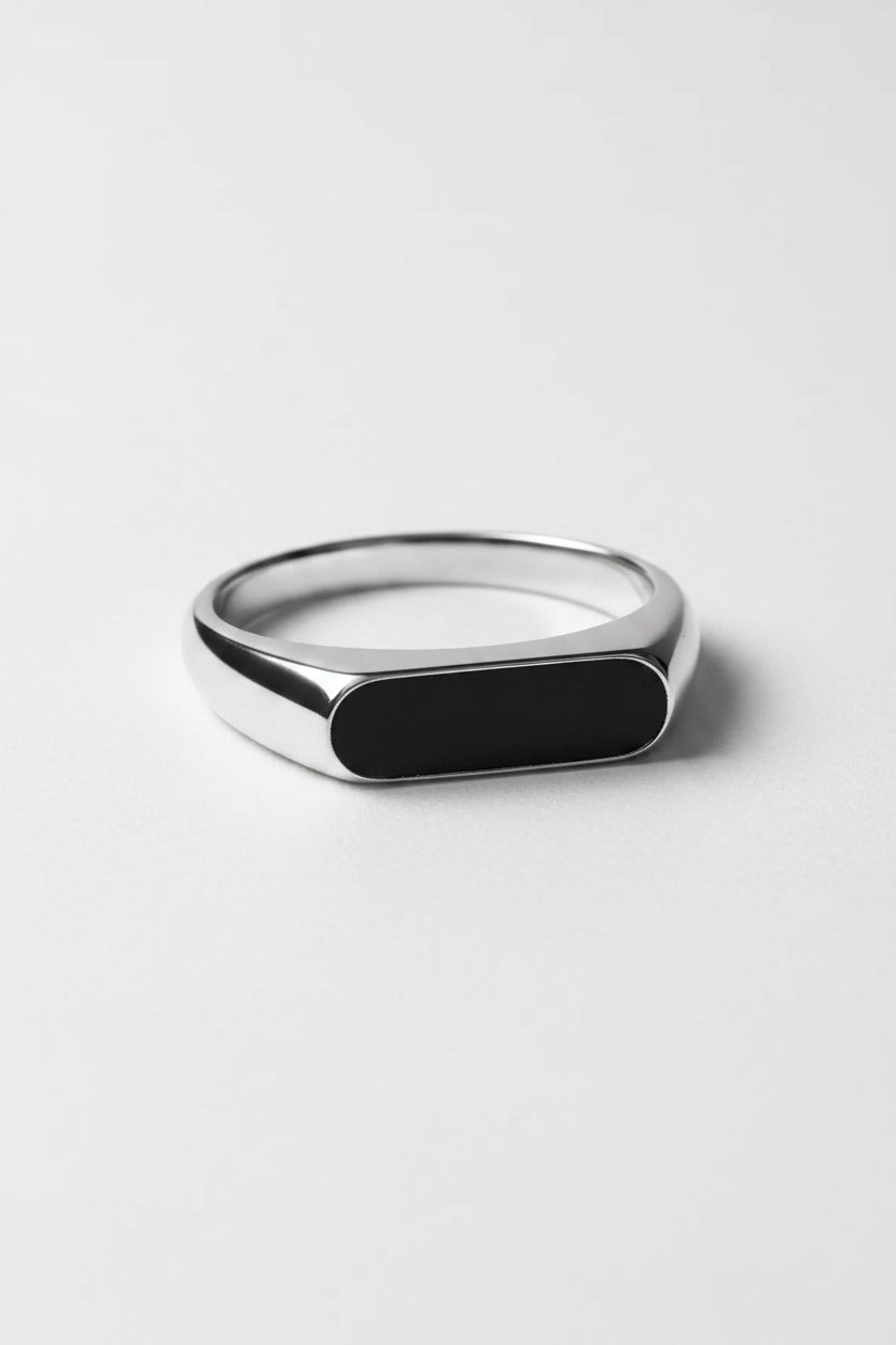 Men's Horizontal Bar Black Onyx Sterling Silver Ring – Minimalist Signet Band