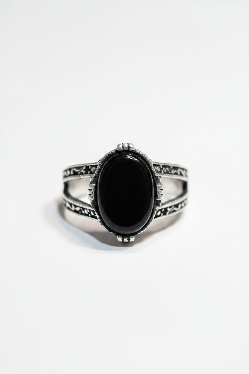 Men's Black Gemstone Sterling Silver Ring – Filigree Filigree Split Shank Band