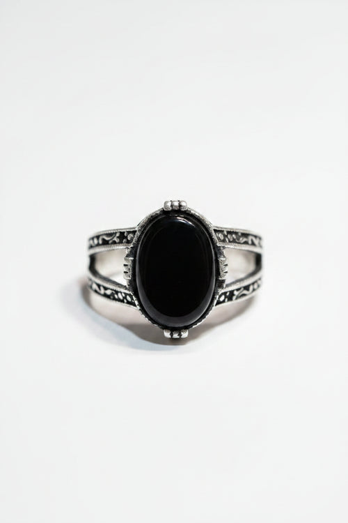 Men's Black Gemstone Sterling Silver Ring – Filigree Filigree Split Shank Band