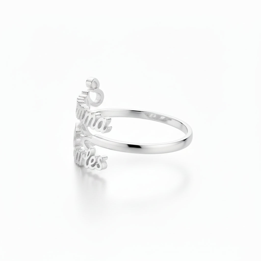 Personalized Two Name Sterling Silver Ring – Custom Cursive Wrap Band