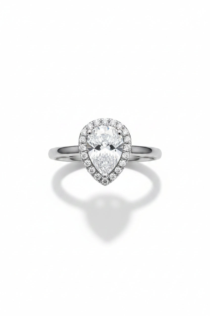 Pear Cut Cubic Zirconia Sterling Silver Halo Ring – Teardrop Promise Band