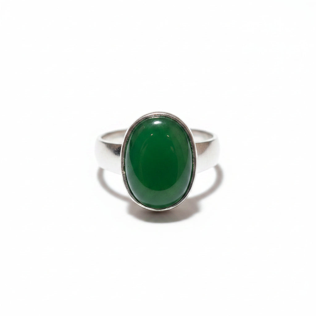 Natural Oval Green Agate Sterling Silver Ring – Minimalist Bezel Band