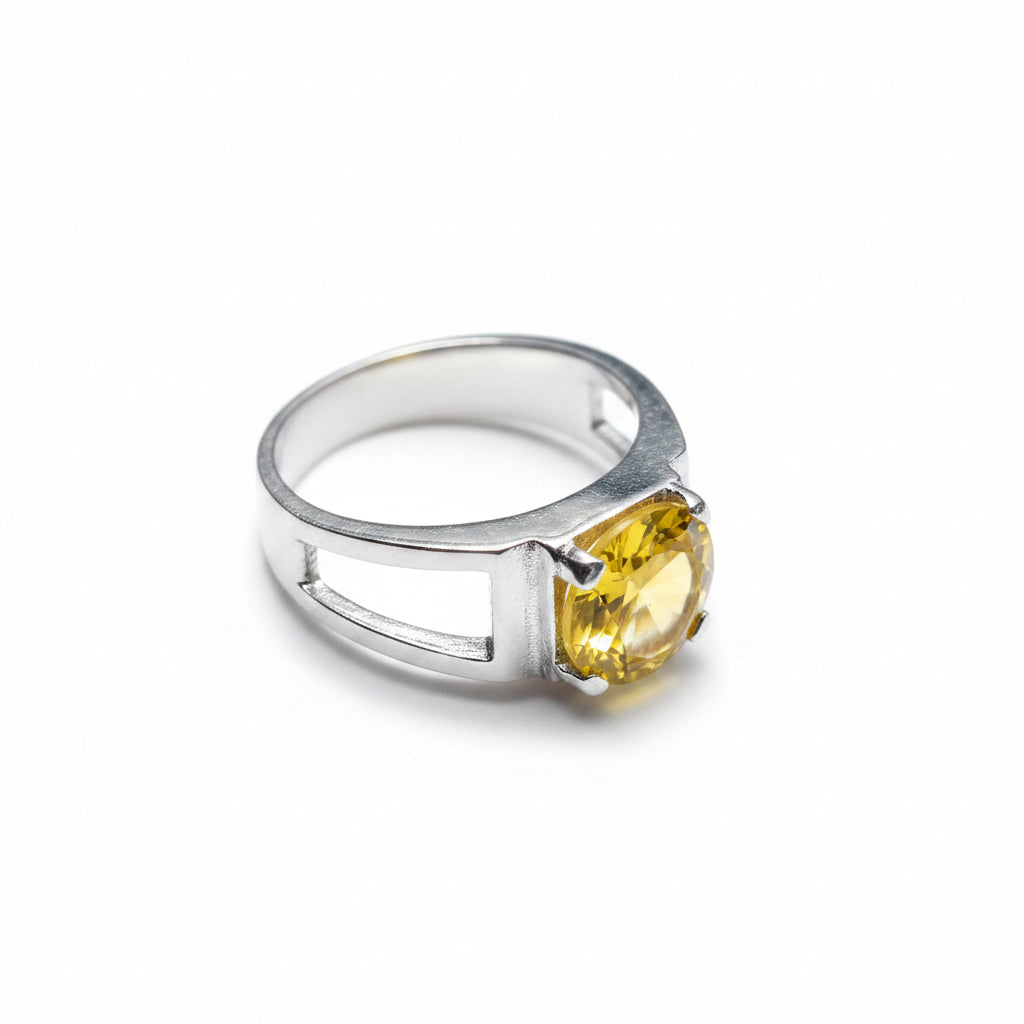 Yellow Citrine Gemstone Sterling Silver Ring – Modern Open Split Shank Band