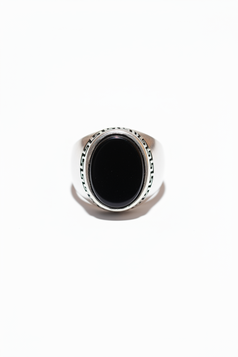 Men's Black Onyx Sterling Silver Signet Ring – Vintage Greek Key Band