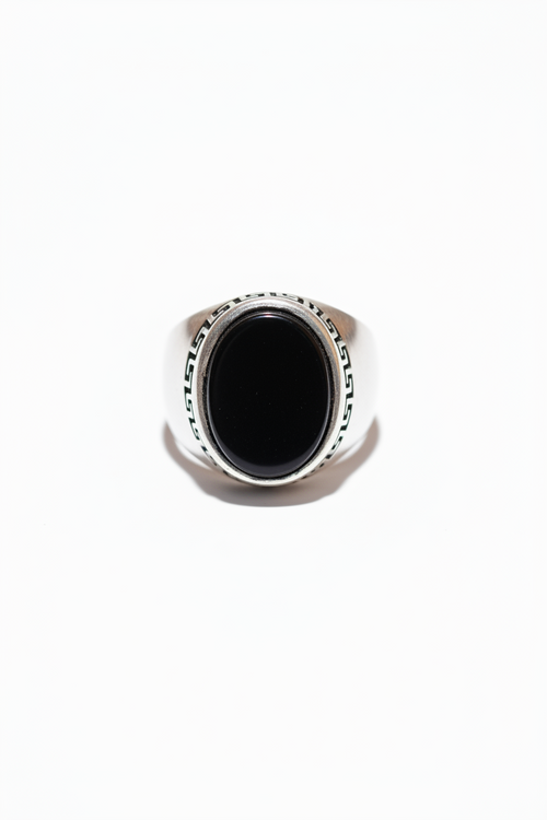 Men's Black Onyx Sterling Silver Signet Ring – Vintage Greek Key Band