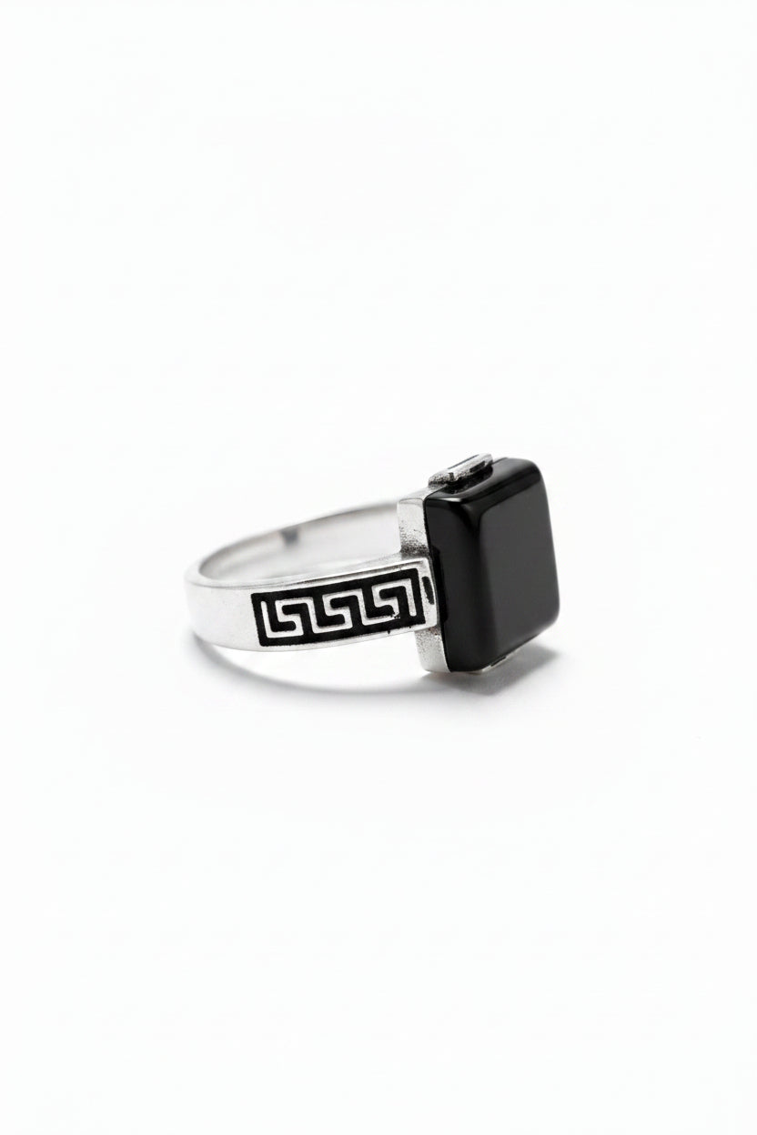 Men's Square Black Onyx Sterling Silver Ring – Greek Key Side Motif