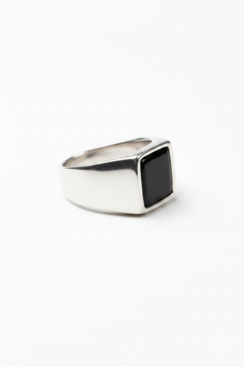 Men's Square Black Onyx Sterling Silver Ring – Minimalist Signet Band