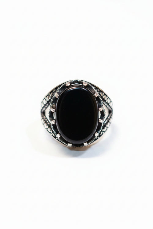 Men's Black Agate Sterling Silver Ring – Vintage Turkish Crown Prong Band