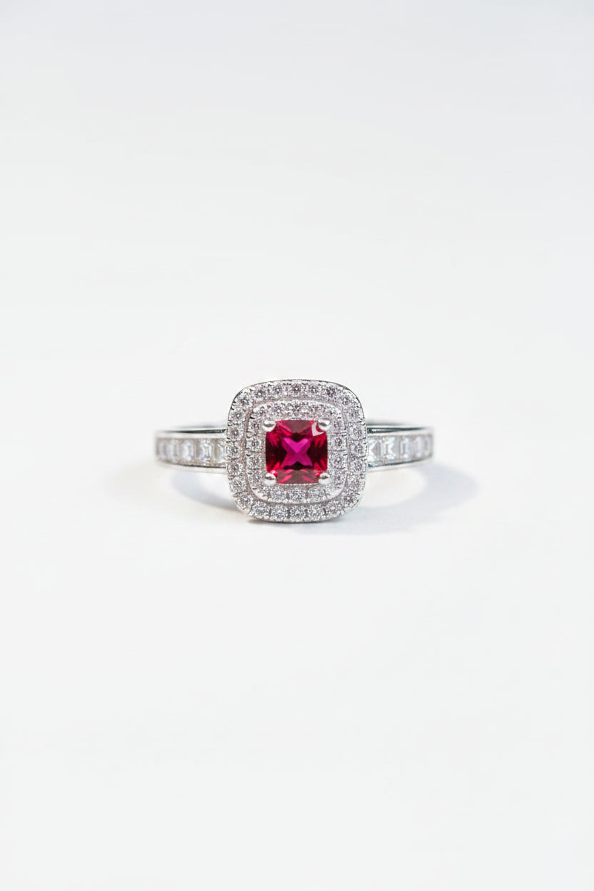 Radiant Red Ruby Sterling Silver Halo Ring – Double Zircon Cushion Band