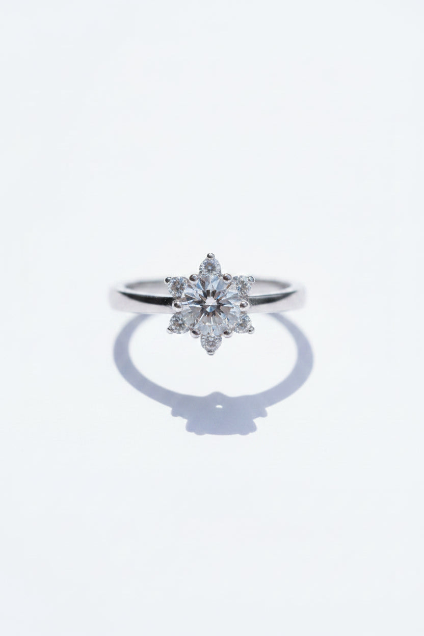 Round Cubic Zirconia Sterling Silver Floral Ring – Starburst Cluster Halo Band
