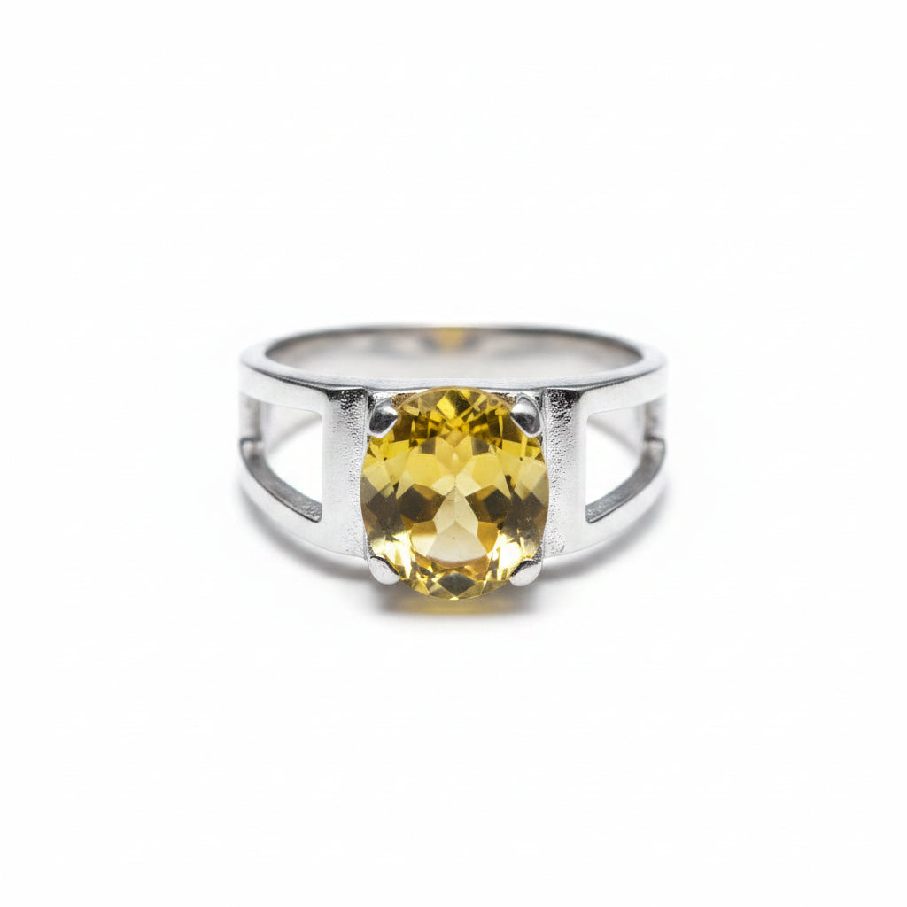 Yellow Citrine Gemstone Sterling Silver Ring – Modern Open Split Shank Band