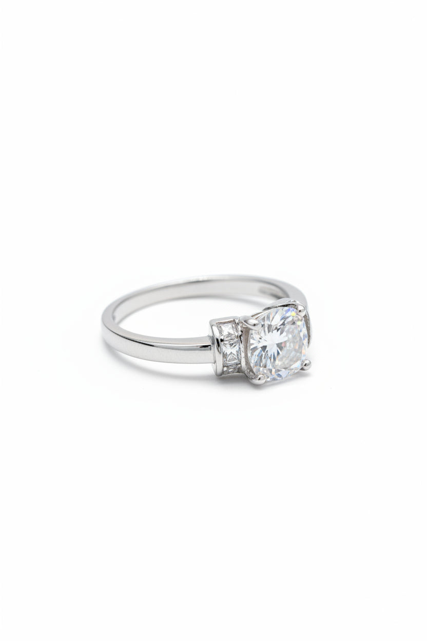 Round Cubic Zirconia Sterling Silver Ring – Baguette Accent Shoulder Band