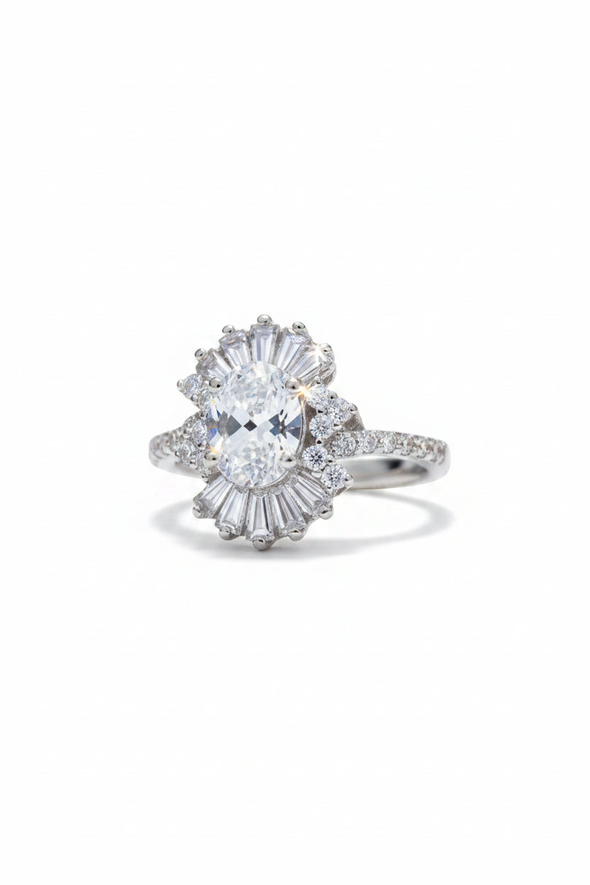 Oval Cut Zircon Sterling Silver Halo Ring – Ballerina Baguette & Pave Band