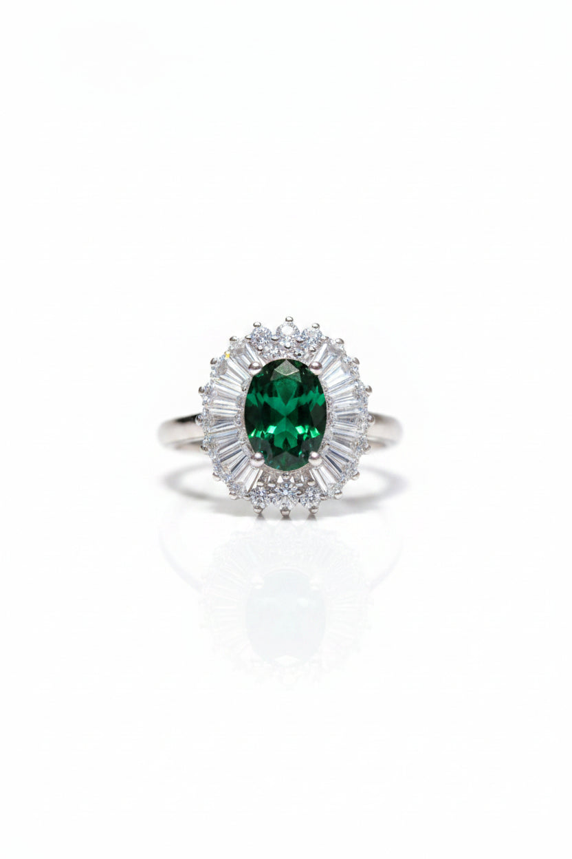 Oval Emerald Green Sterling Silver Halo Ring – Ballerina Baguette & Zircon Band