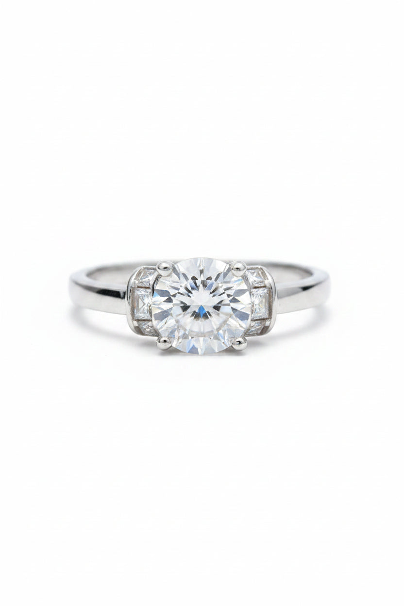 Round Cubic Zirconia Sterling Silver Ring – Baguette Accent Shoulder Band