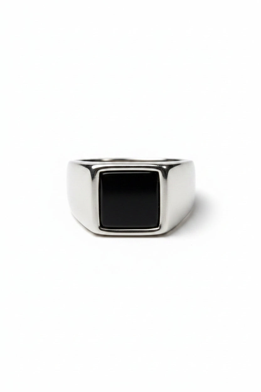 Men's Square Black Onyx Sterling Silver Ring – Minimalist Signet Band