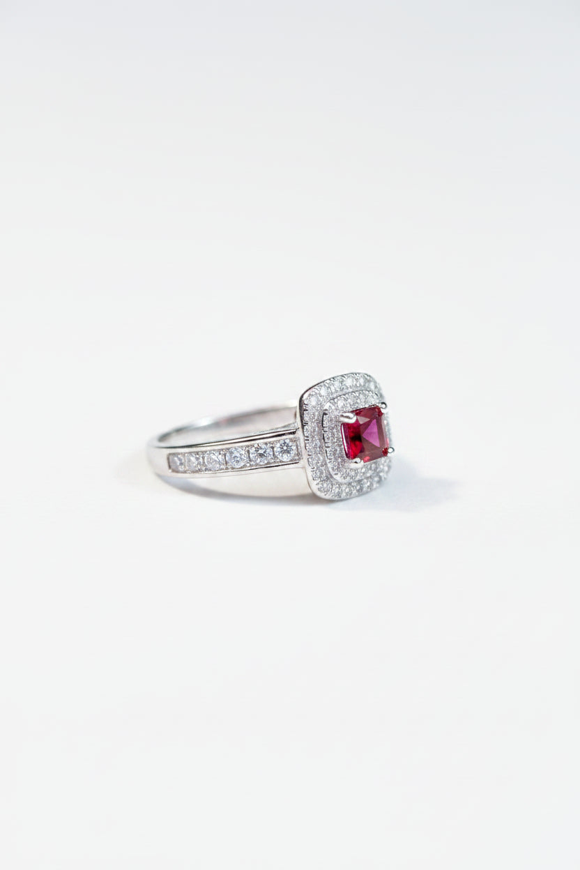 Radiant Red Ruby Sterling Silver Halo Ring – Double Zircon Cushion Band