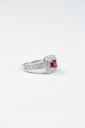 Radiant Red Ruby Sterling Silver Halo Ring – Double Zircon Cushion Band
