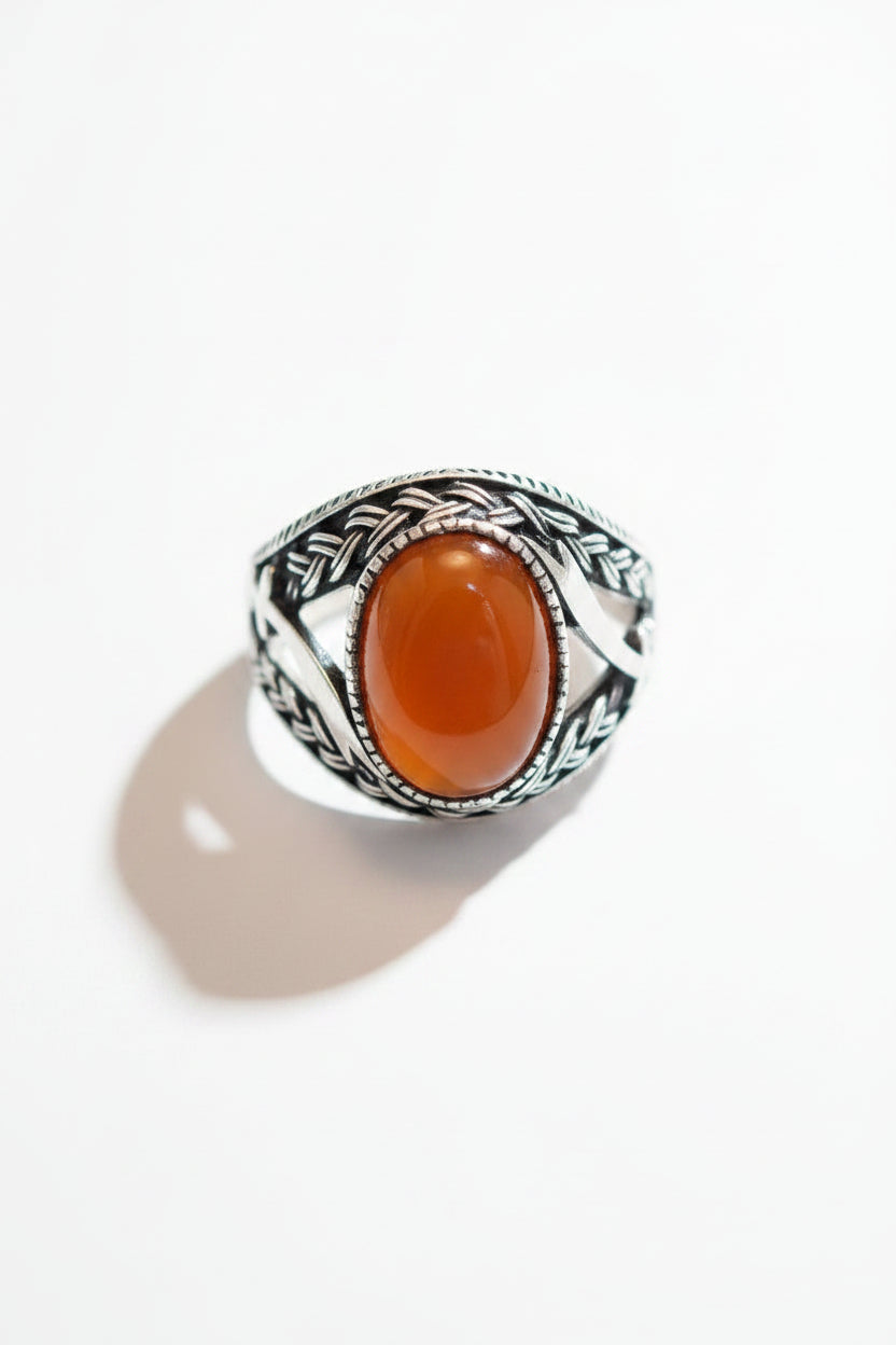 Men's Red Carnelian Sterling Silver Ring – Braided Turkish Aqeeq Band