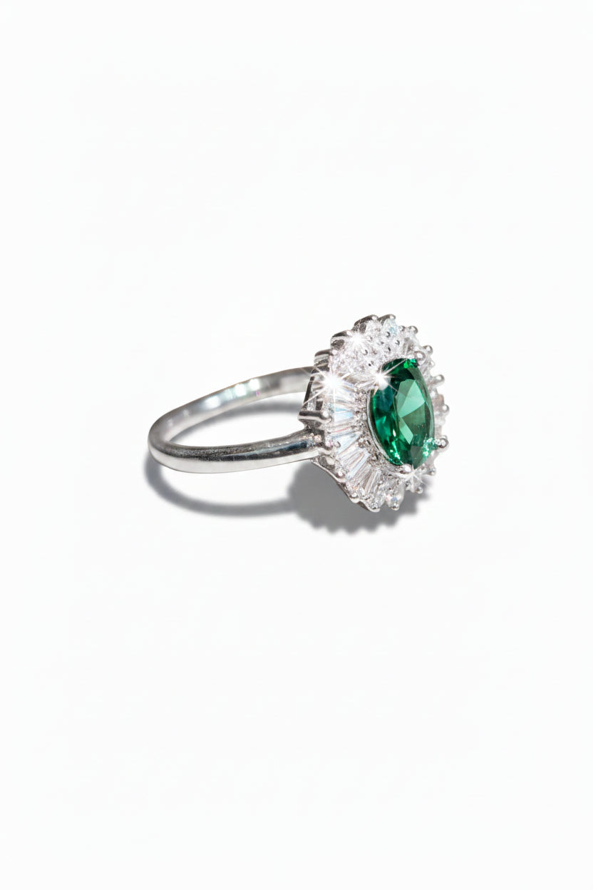 Oval Emerald Green Sterling Silver Halo Ring – Ballerina Baguette & Zircon Band