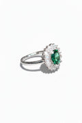 Oval Emerald Green Sterling Silver Halo Ring – Ballerina Baguette & Zircon Band