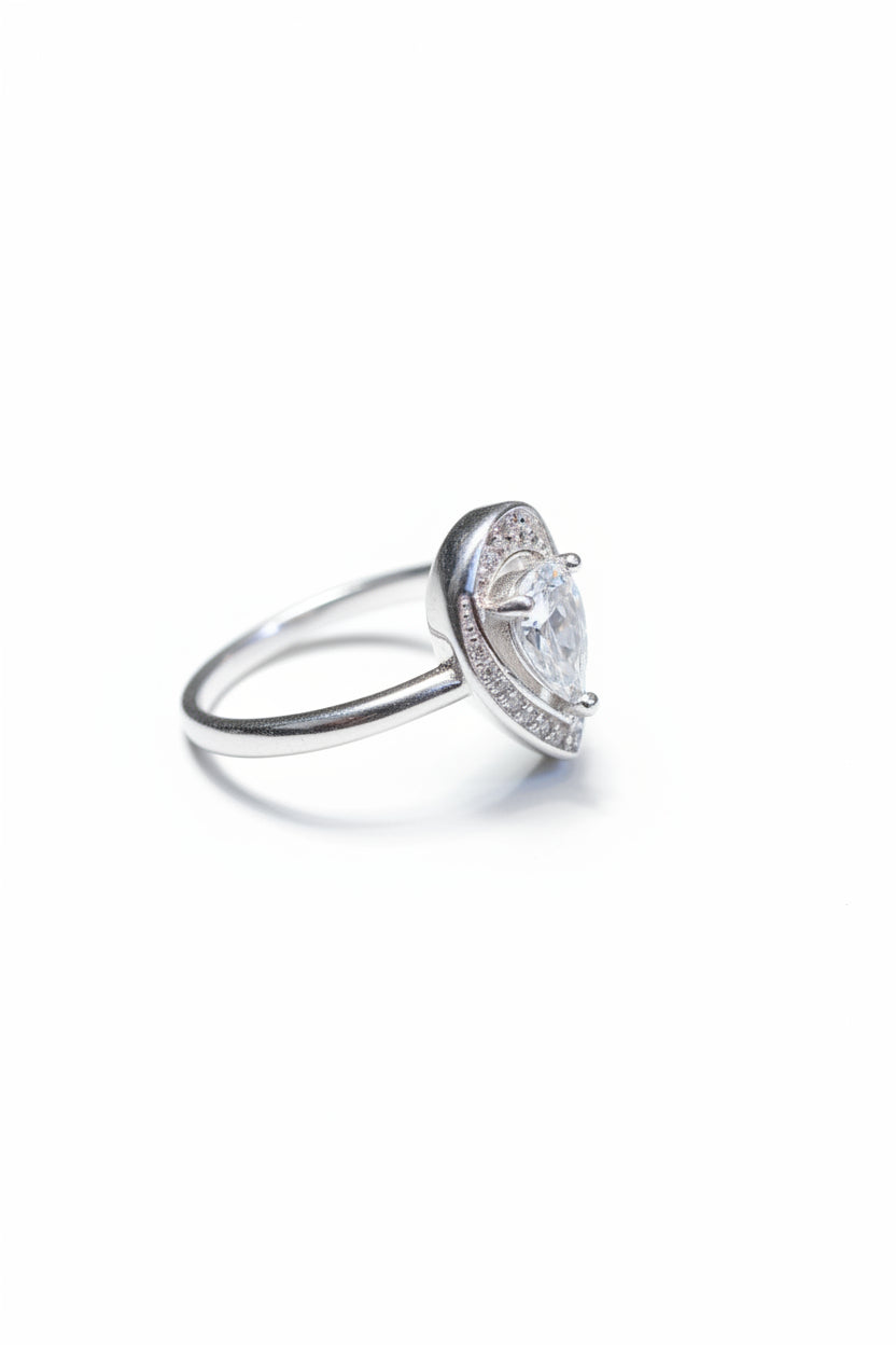 Pear Cut Cubic Zirconia Sterling Silver Halo Ring – Teardrop Promise Band