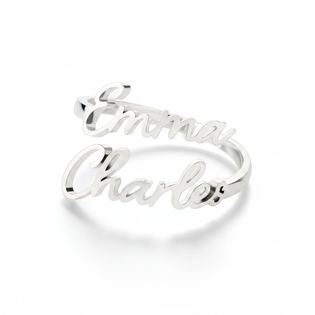 Personalized Two Name Sterling Silver Ring – Custom Cursive Wrap Band