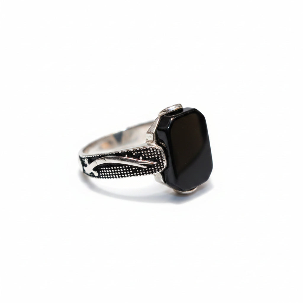 Men's Black Gemstone Sterling Silver Ring – Zulfiqar Sword Turkish Band