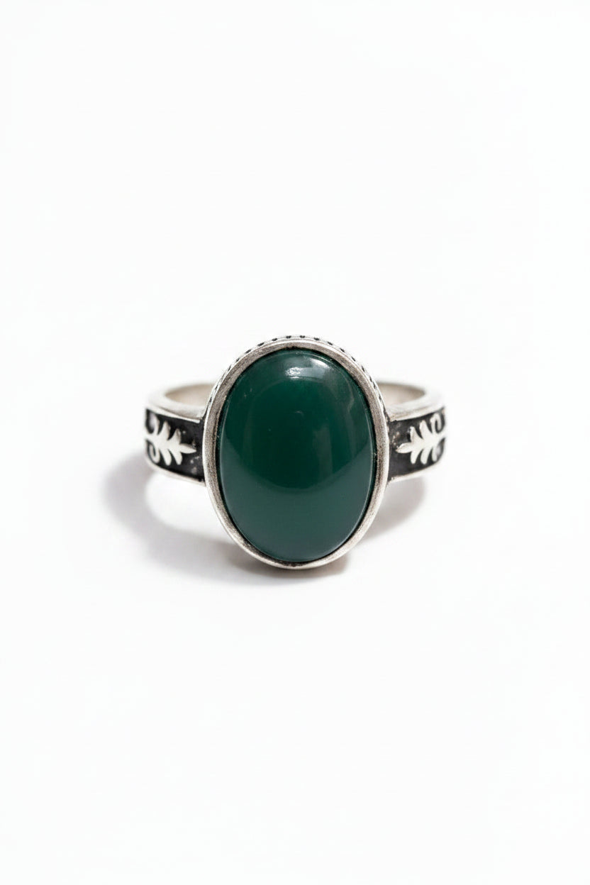 Men's Green Agate Sterling Silver Ring – Vintage Floral Shank Band