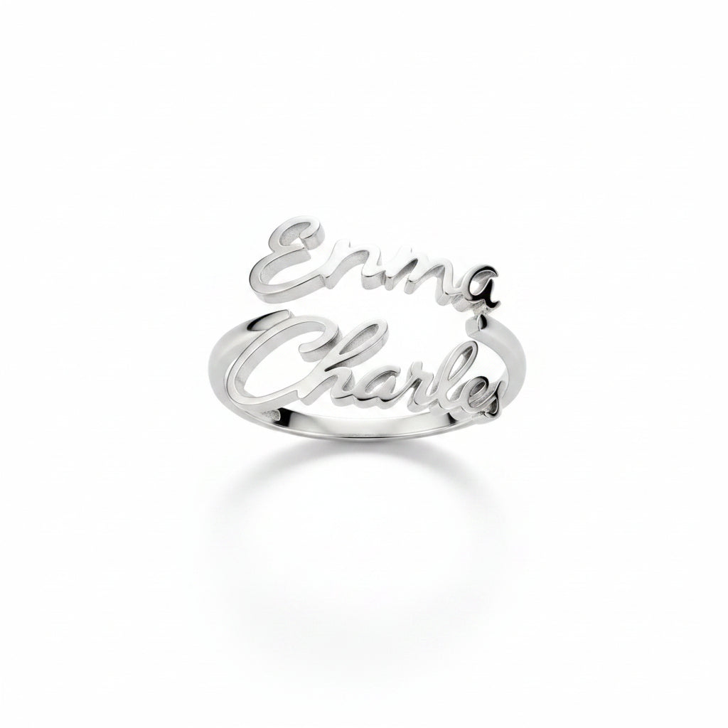 Personalized Two Name Sterling Silver Ring – Custom Cursive Wrap Band