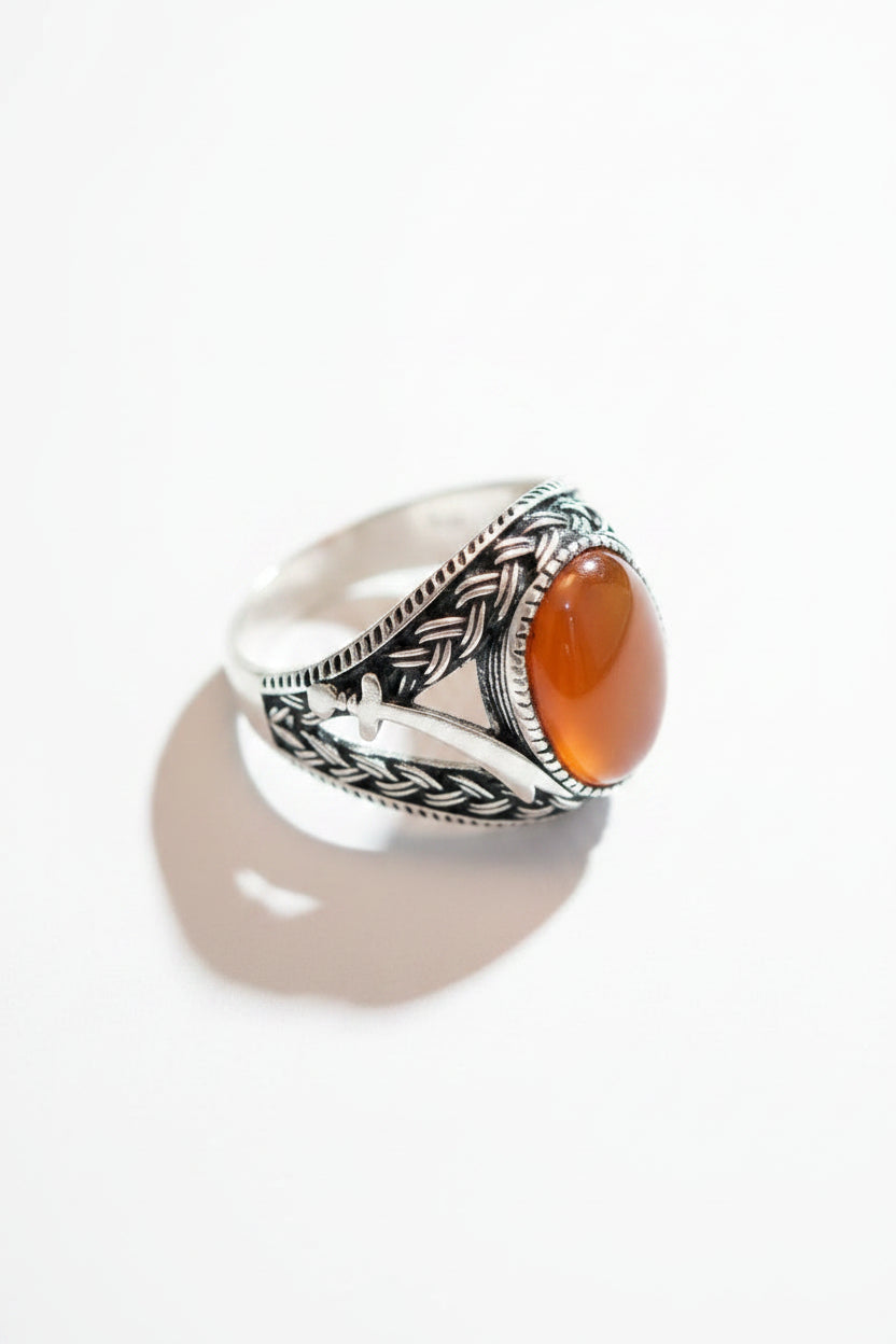 Men's Red Carnelian Sterling Silver Ring – Braided Turkish Aqeeq Band